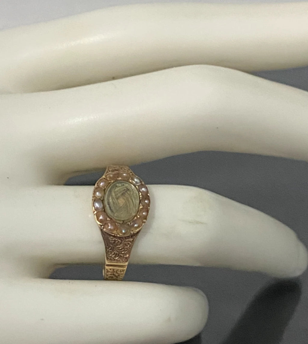 1850's 15K Yellow Gold Seed Pearl Memorial Engraved Ring Size R 1/2 - 9 1/8