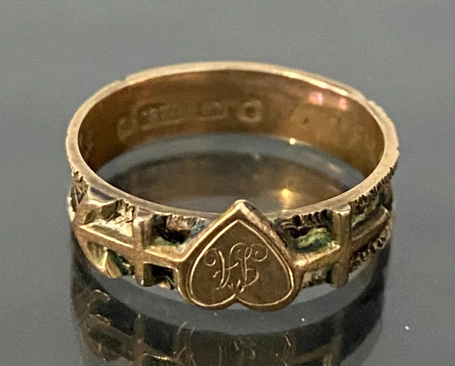 Victorian 9K gold Faith Hope & Charity Woven Hair 'JA' Initial Ring C1879