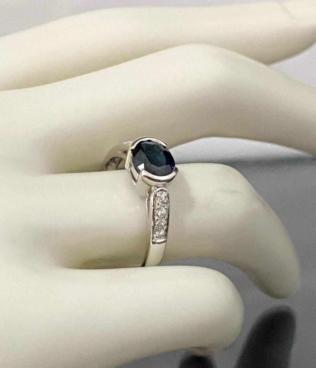 9K White Gold W/ Sapphire & White Zircon Ring Size P 1/2 - 7 3/4