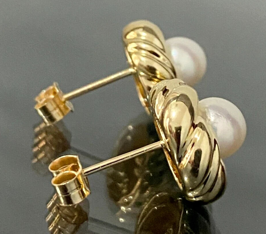 9K Yellow Gold & White Pearl Stud Earrings 12.85mm
