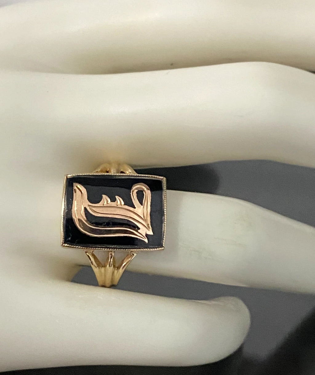 Antique 9K Yellow Gold & Onyx " J " Letter Initial Ring Size P - 7 3/4