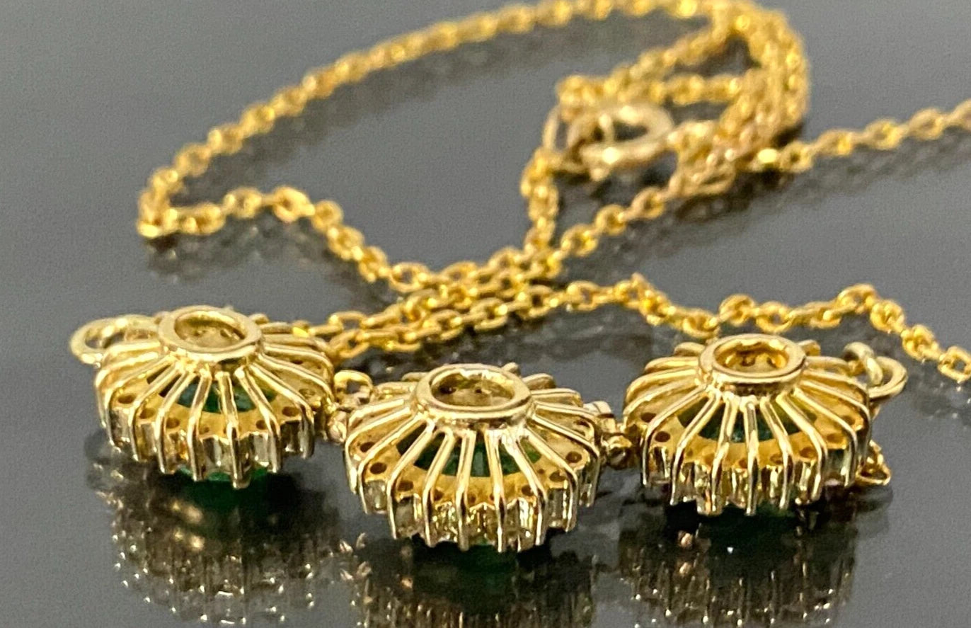 18K Yellow Gold 2.25CT Emerald & Diamond Three Cluster Necklace