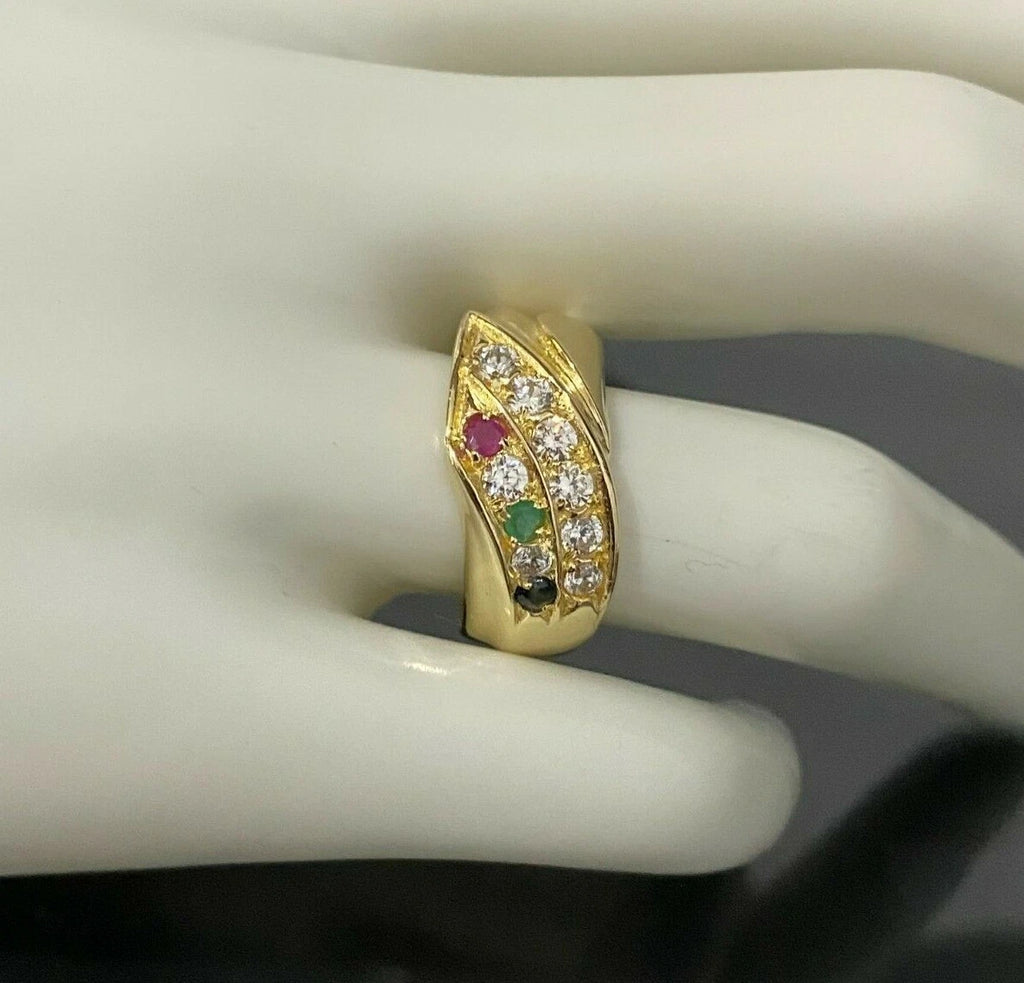 14K Yellow Gold W/ Ruby Sapphire Emerald & CZ Stone Dress Ring Size P - 7 1/2