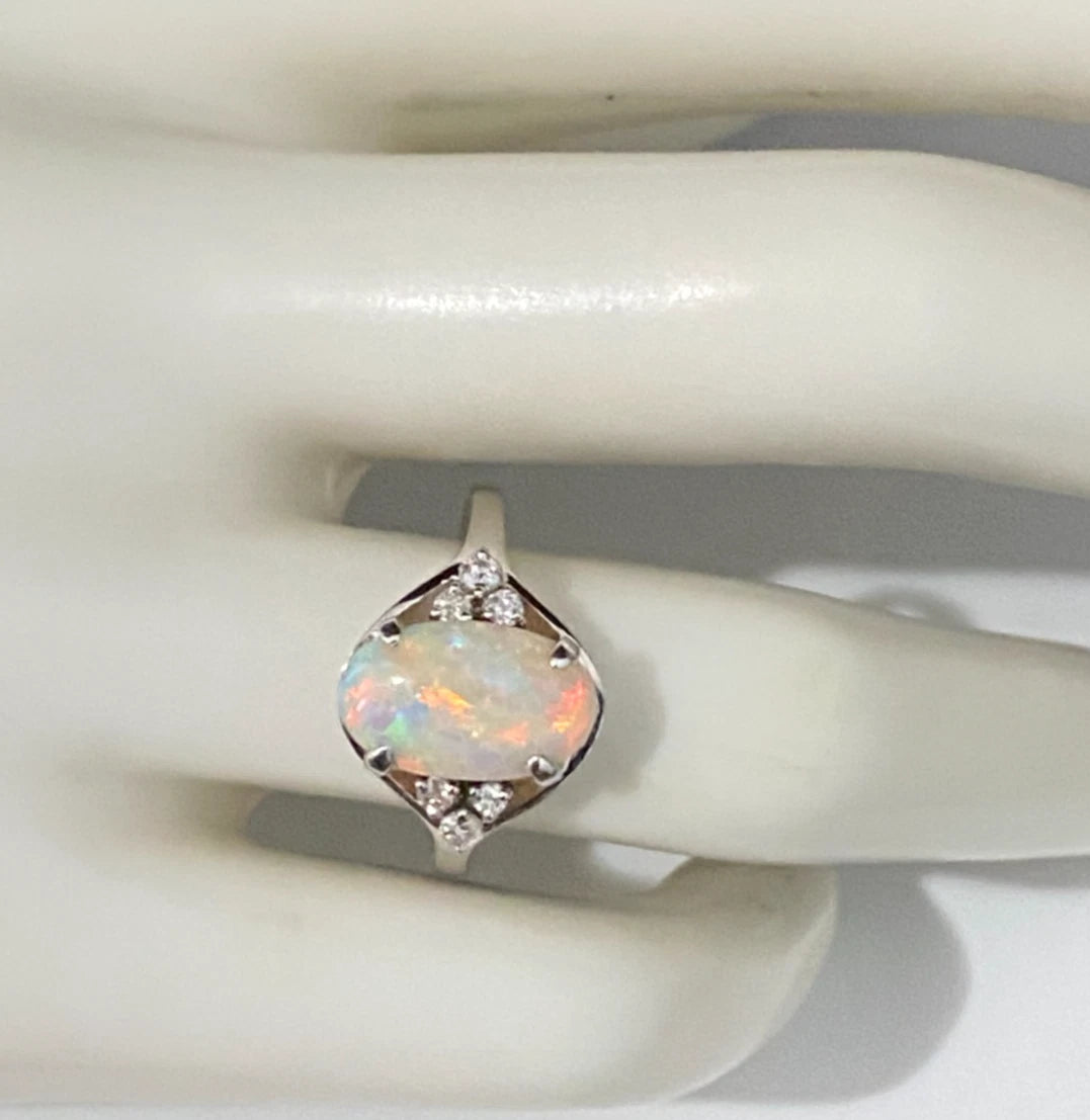 14K White Gold With Opal & Diamond Ring Size N - 6 3/4