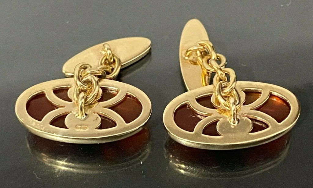 9K Yellow gold & Carnelian Cabochon Spider Shape Setting Cufflinks 11.24g