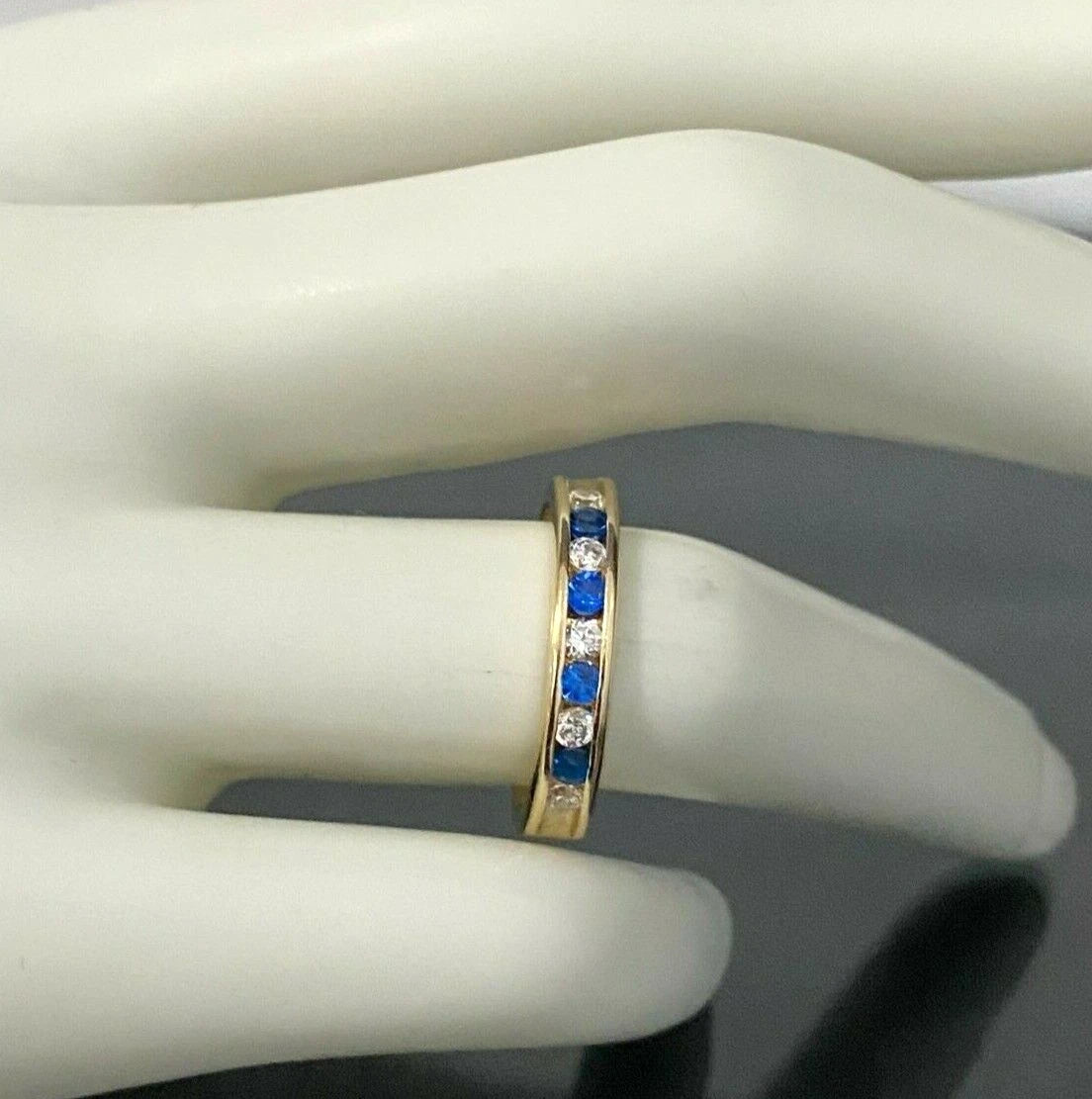 14K Yellow Gold W/ Blue & White CZ Channel Band Ring size M 1/2 - 6 1/4