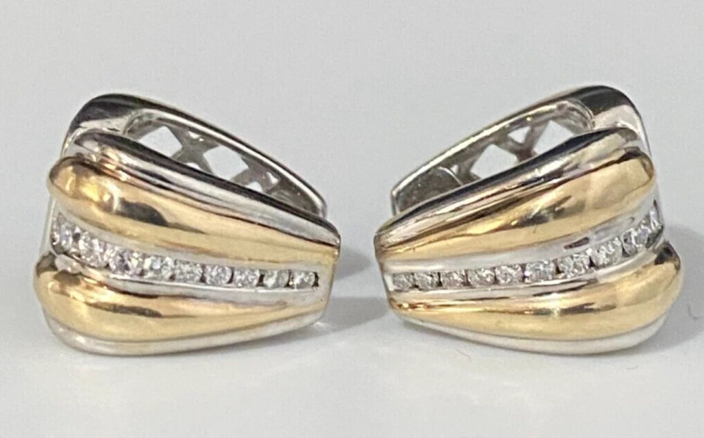 14K Two Color Gold & 0.25CT Diamond Huggies Earrings 8.60g