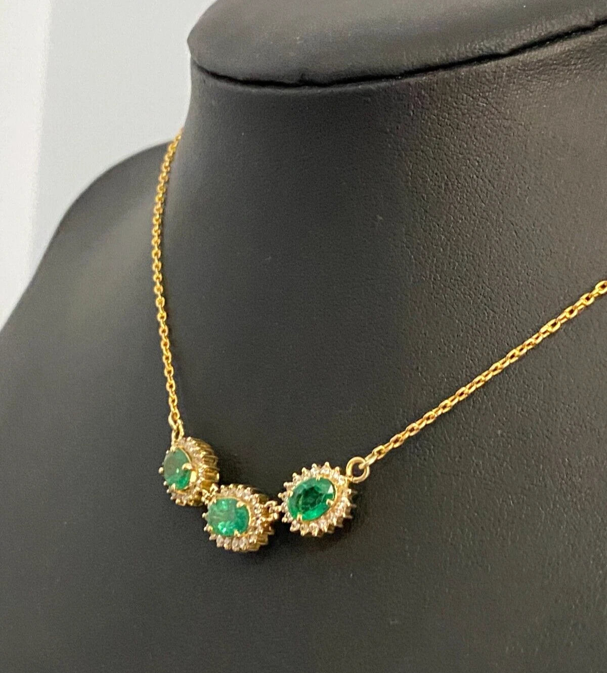 18K Yellow Gold 2.25CT Emerald & Diamond Three Cluster Necklace
