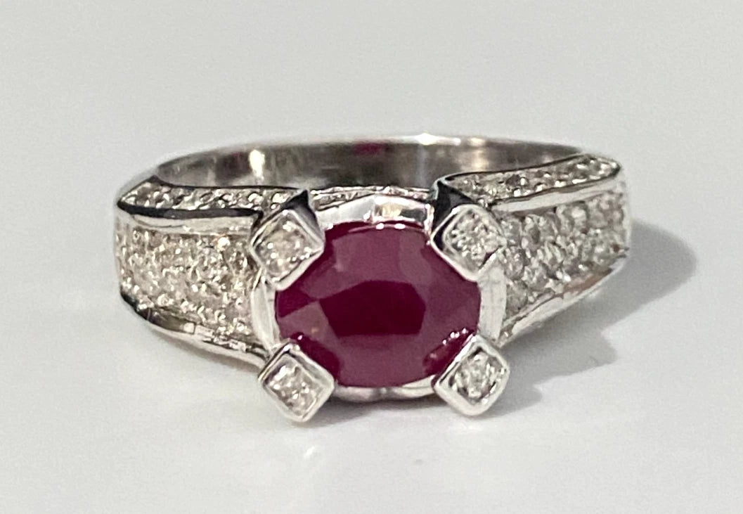 14K White Gold W/ Ruby & 0.70CT Diamond Ring Size P - 7 3/4