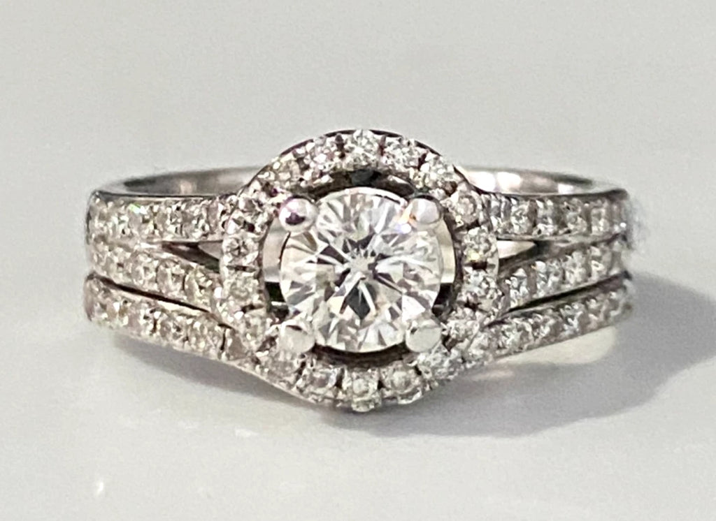 18K White Gold & 1.0CT Diamond Halo 2 Parts Bridal Set Ring Size K 1/2 - 5 1/2