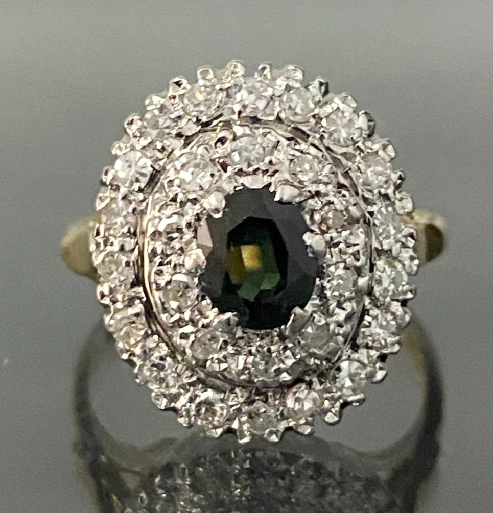 18K Yellow Gold W/ Green Sapphire & Diamond Cluster Ring Size N 1/2 - 7