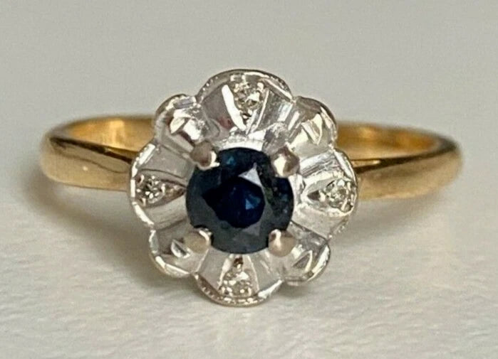 18K Yellow Gold W/ Sapphire & Diamond Cluster Ring Size L 1/2 - 5 7/8