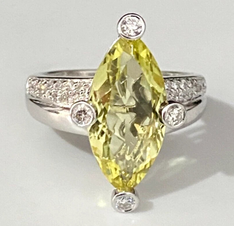 18K White Gold W/ 4.16CT Prasiolite & Diamond Ring Size M - 6