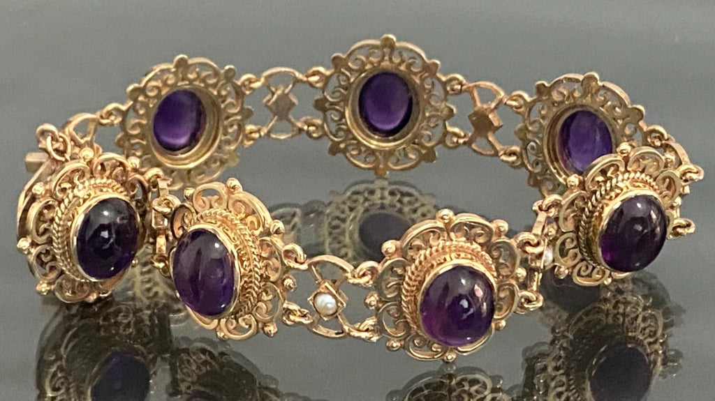 1970's 9K Yellow Gold Amethyst & Pearls Open Scrollwork Bracelet - Vintage Jewellery