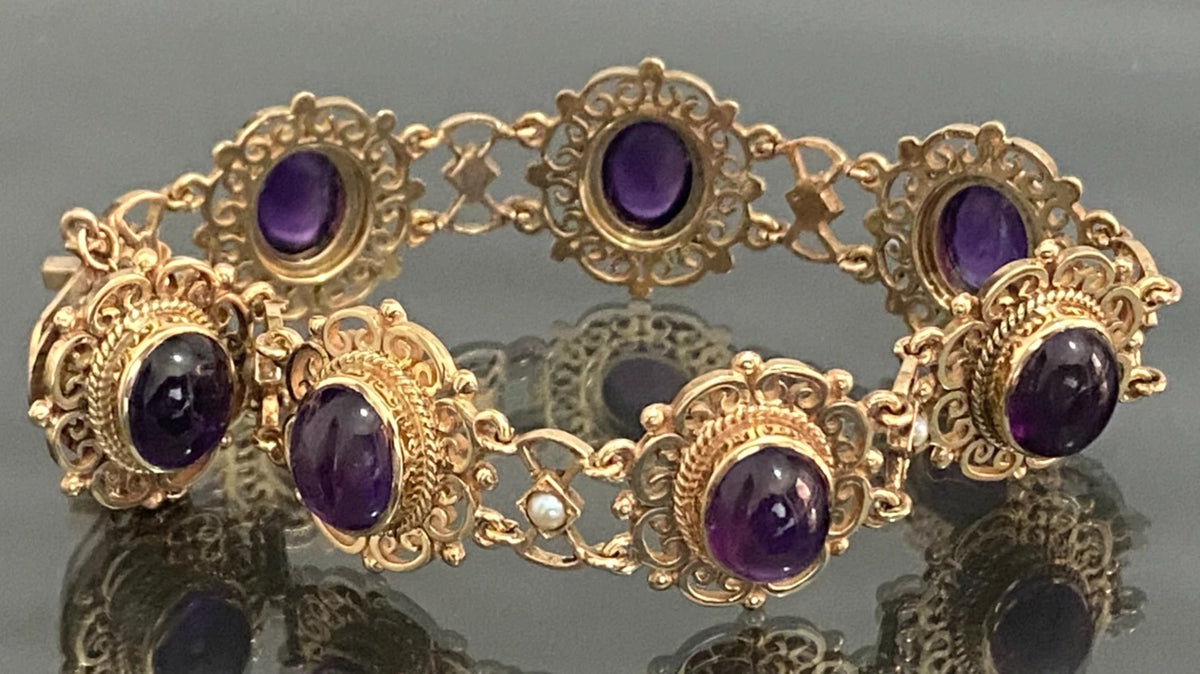 1970's 9K Yellow Gold Amethyst & Pearls Open Scrollwork Bracelet - Vintage Jewellery