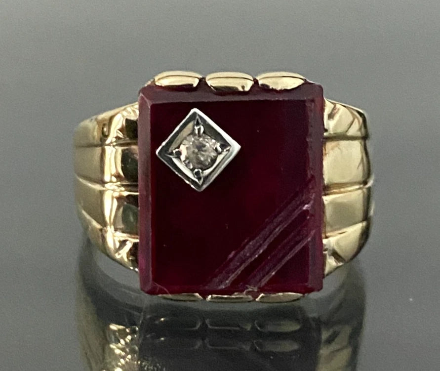 10K Yellow Gold W/ Synthetic Ruby & Stone Men's Signet Ring Size R - 8 7/8