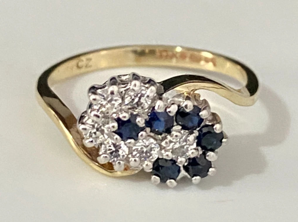 9K Yellow Gold W/ Sapphire & CZ Cluster Crossover Ring Size K - 5 3/8