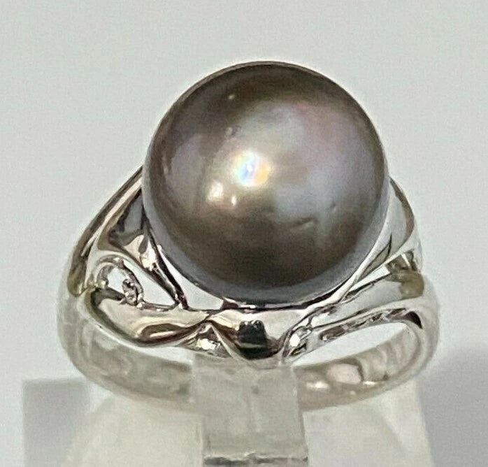 14K White Gold & 10.70mm Tahitian Pearl Ring size K - 5 1/8