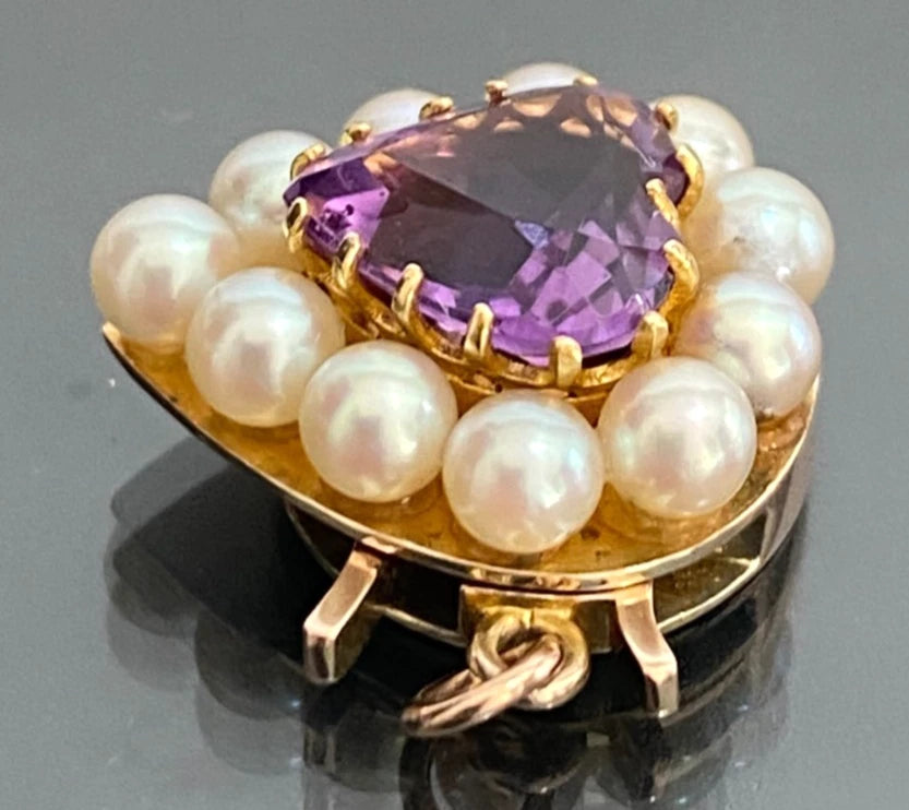 9CT Amethyst Pearl Heart shape Fishhook Clasp - Vintage Jewellery