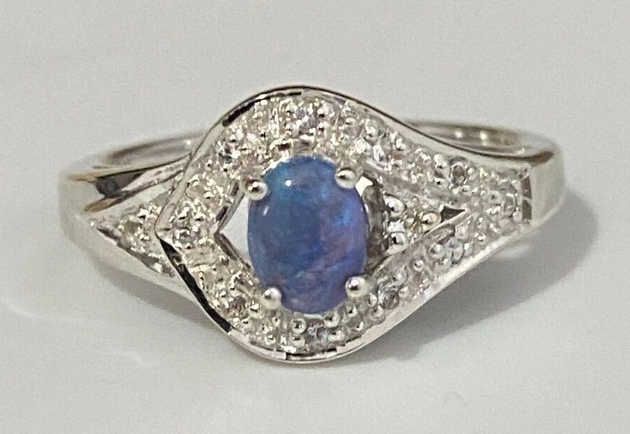 9K White Gold W/ Opal & White Zircon Ring Size N - 6 1/2