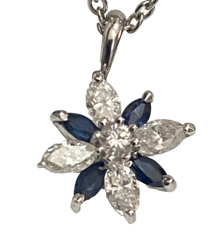 9ct White Gold Diamond & Sapphire Flower Pendant – 0.80ct Total Diamond Weight