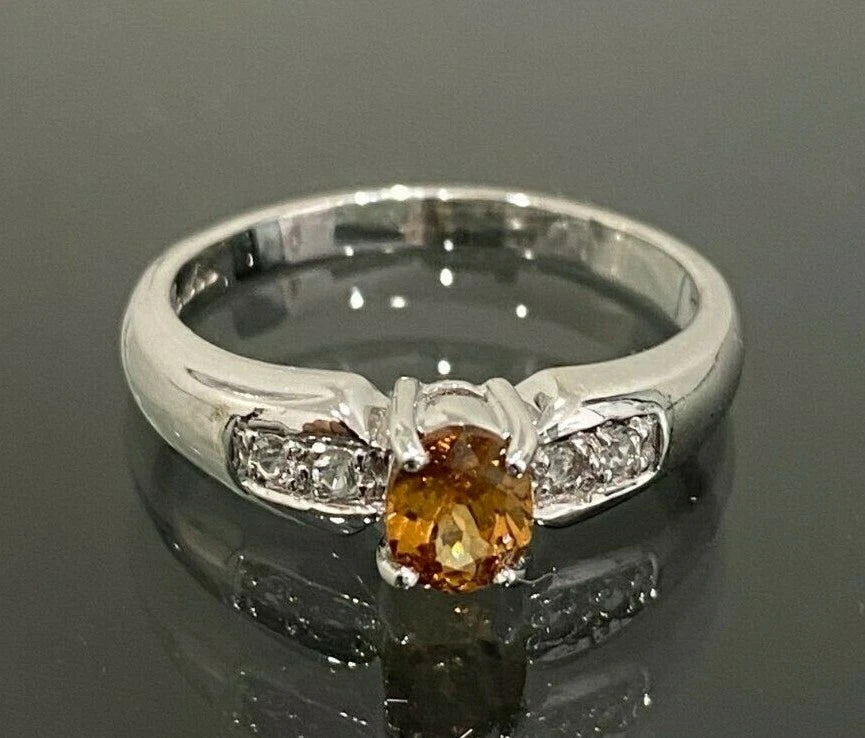 9K White Gold W/ Citrine & White Zircon Ring Size N 1/2 - 6 3/4