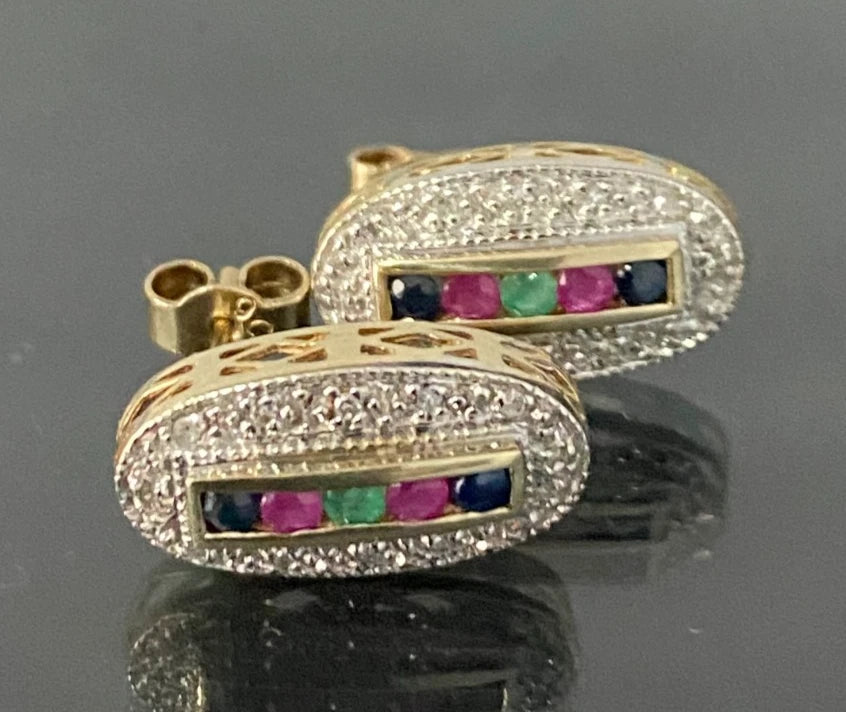 9K Yellow Gold W/ Diamond & Multi Gemstones Stud Earrings 15.0mm High