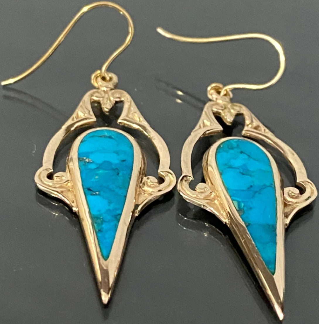 Vintage 9K Yellow Gold & Turquoise Drop Earrings 55mm High