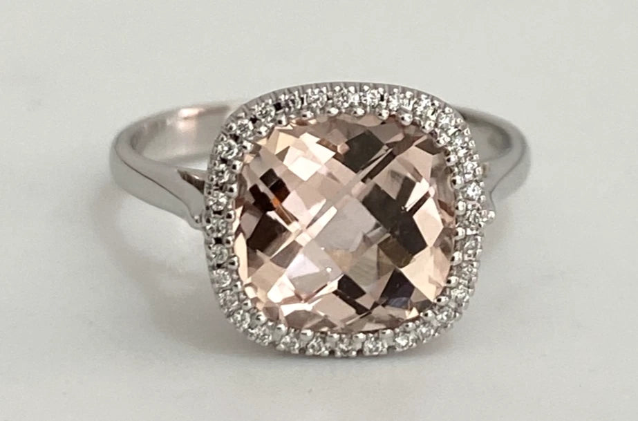 18ct White Gold Morganite & Diamond Halo Ring – Cushion Cut - Size M (US 6.25)