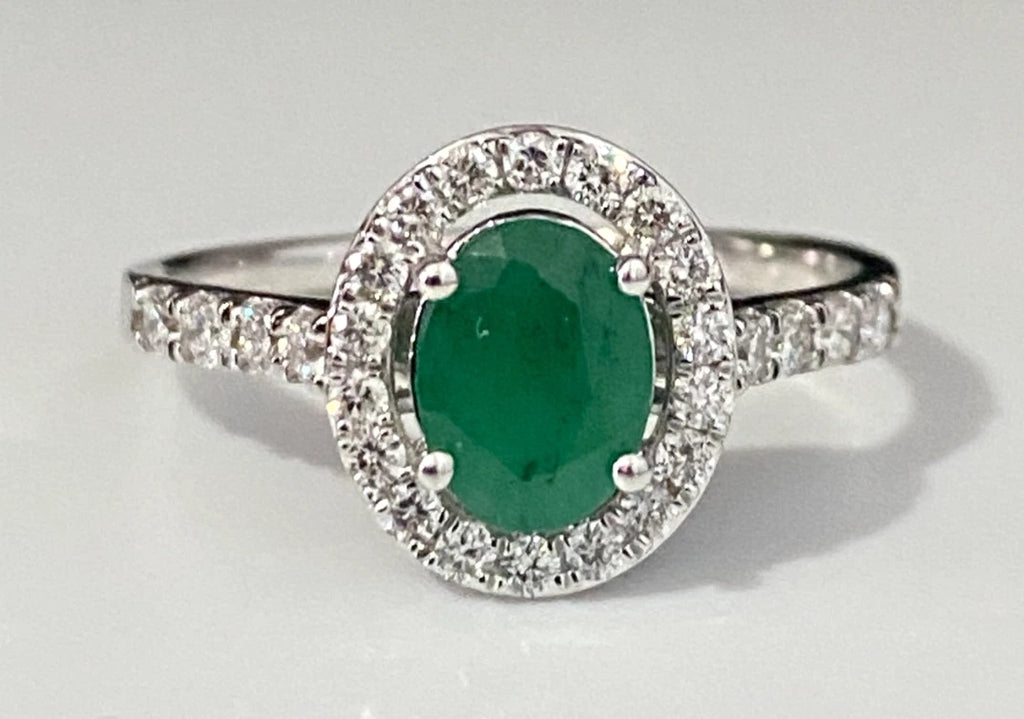 9K White Gold W/ Emerald & 0.50CT Diamond Ring Size S - 9 3/8