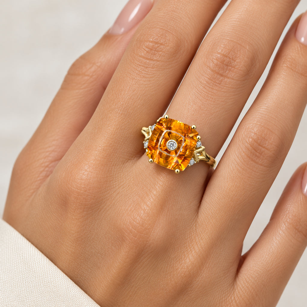 10K Yellow Gold Quasar Cut Orange Quartz Diamond Cocktail Ring Size N (US 6.75)