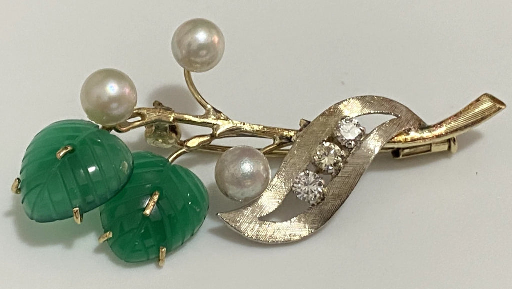 Vintage 14K Yellow Gold Chalcedony leaves Pearl Diamond Brooch 50cm Long