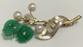 Vintage 14K Yellow Gold Chalcedony leaves Pearl Diamond Brooch 50cm Long