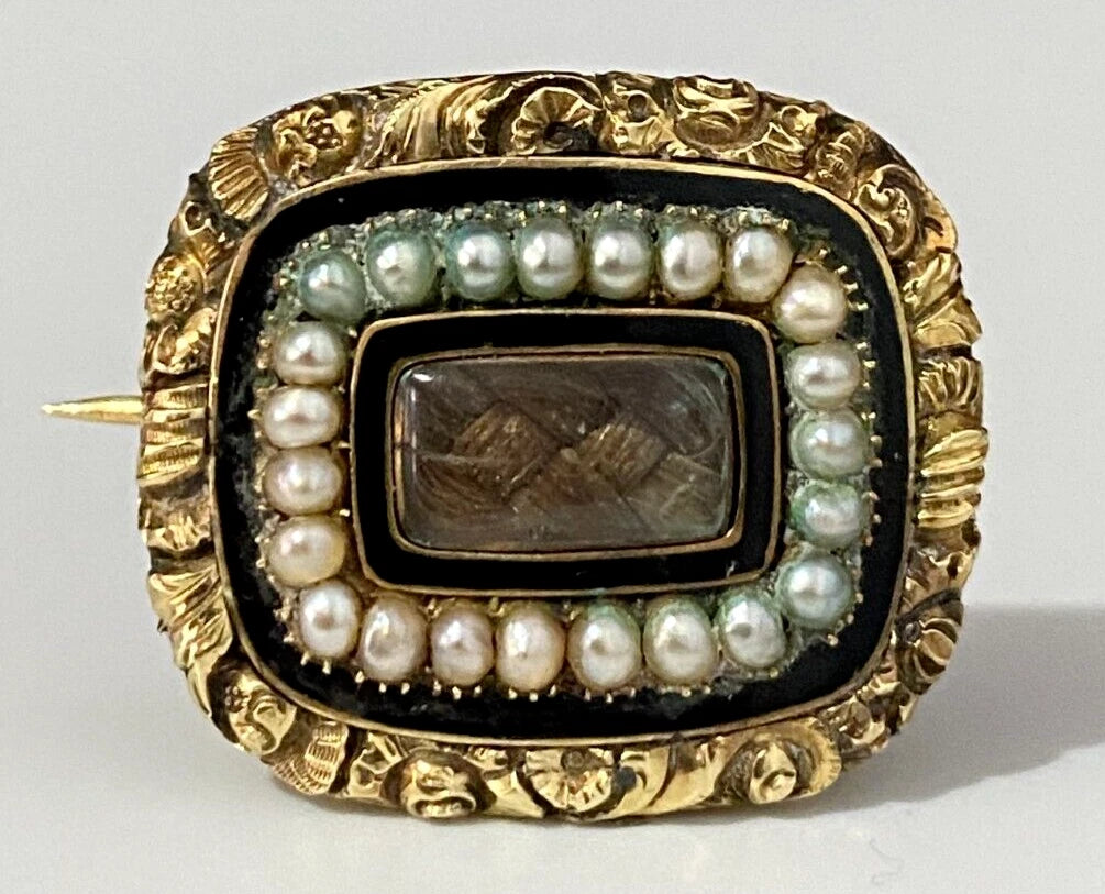 GEORGIAN 15K Gold Pearl & Woven Hairwork Enamel Memorial Brooch DATED 1822