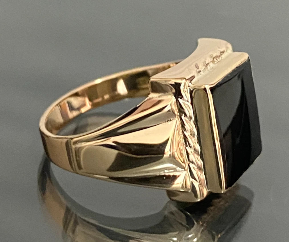 10K Rose Gold Onyx Men's Signet Ring Size Q 1/2 (US 8.5) - Vintage Jewellery