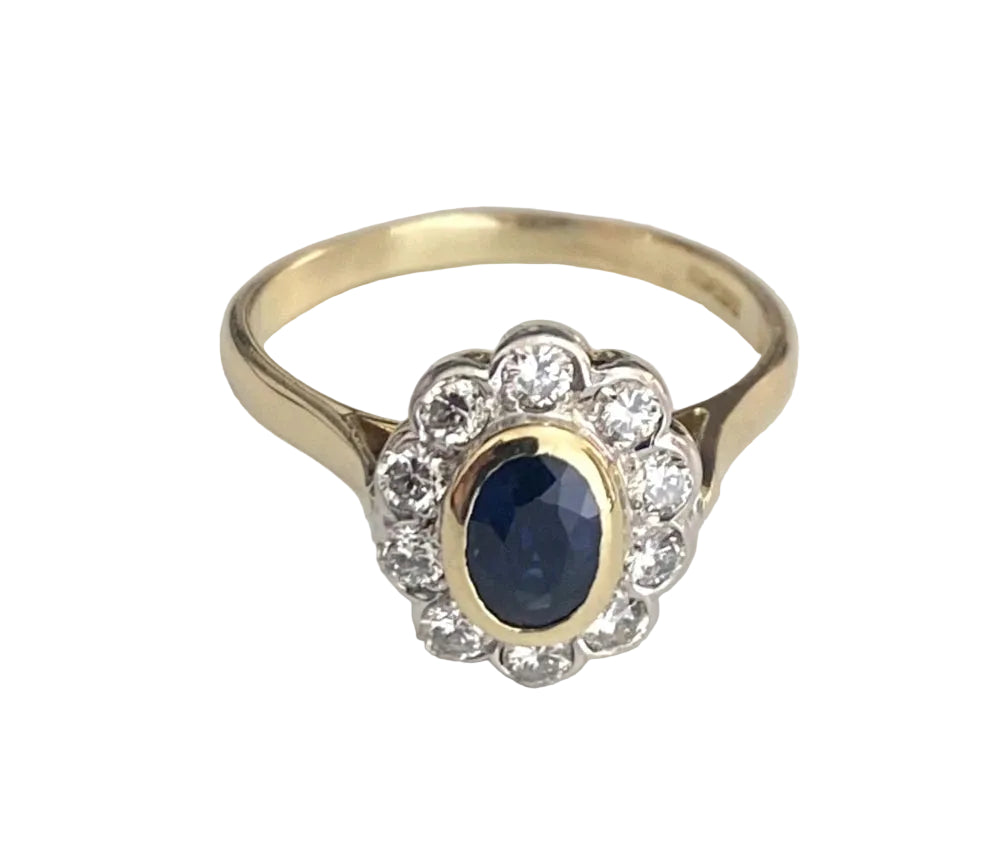 18K Yellow Gold Sapphire & Diamond Cluster Ring - Size K 1/2 (US 5.5)