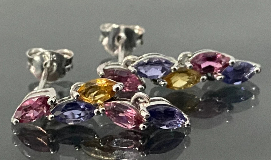 9CT White Gold & Multi Gemstones Drop Earrings