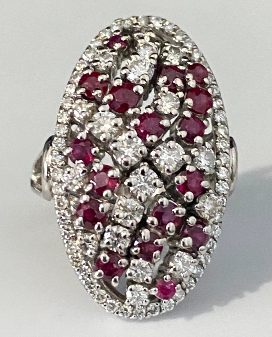 18K White Gold W/ Ruby & 1.0CT Diamond Cocktail Ring Size I - 4 1/2