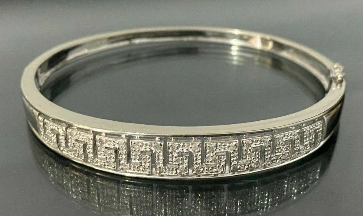 9K White Gold & 0.25CT Diamond Greek Key Hinged Bangle 60mm