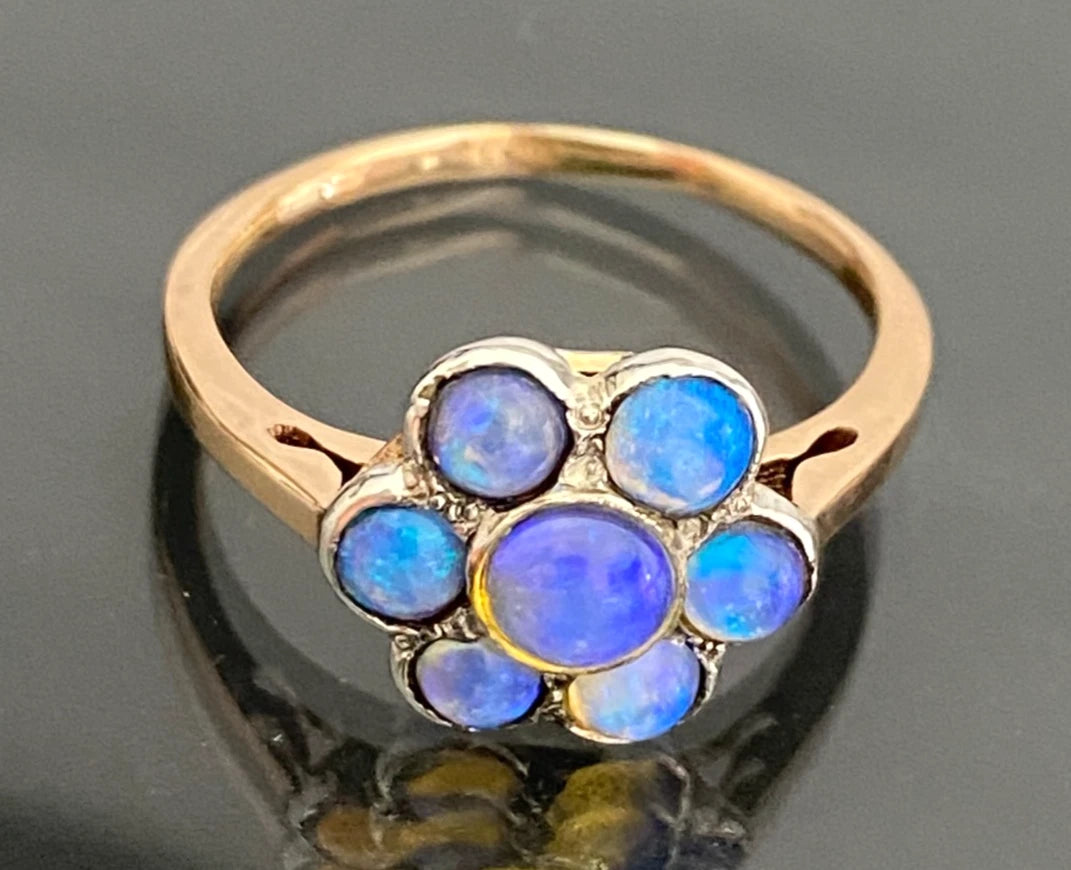 14K Rose Gold & Opal Floral Cluster Ring Size M (US 6.25) - Art Deco Jewellery