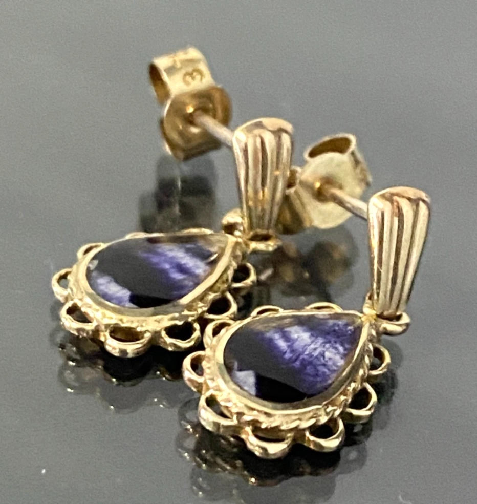 Vintage 9K Yellow Gold With Derbyshire Blue John Drop Earrings 19.0mm high