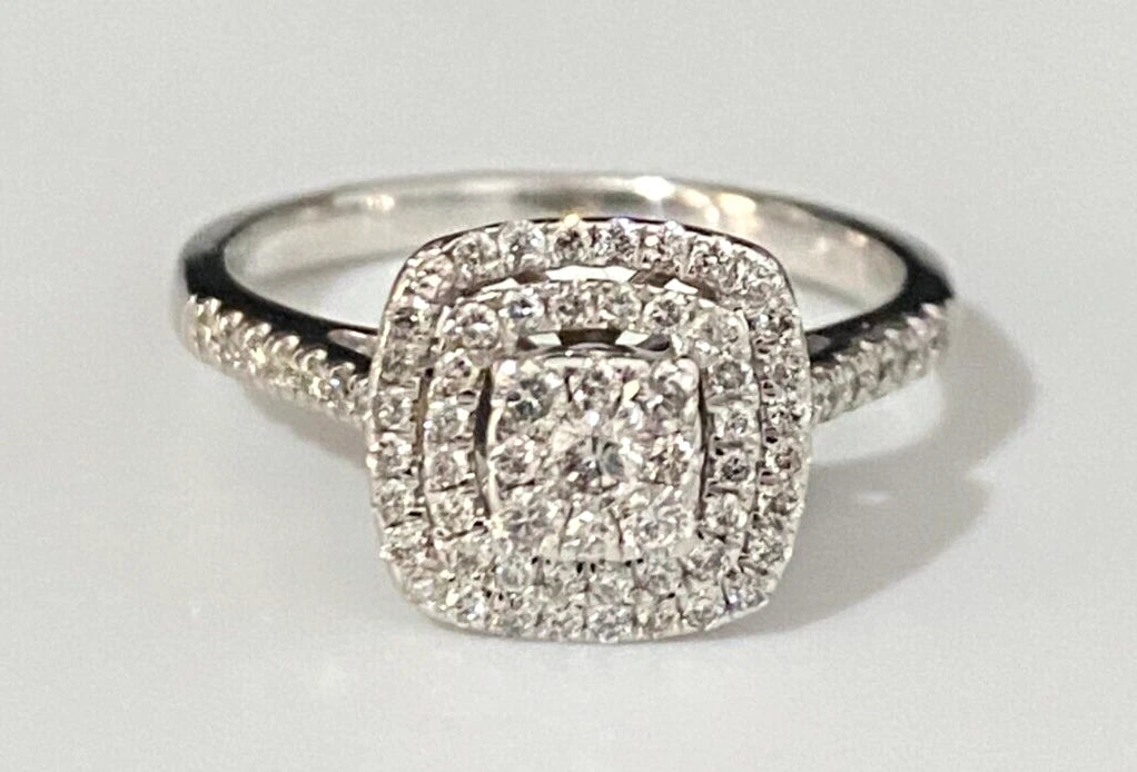 9K White Gold & 0.50CT Diamond Double Halo Engagement Ring Size P - 7 1/2