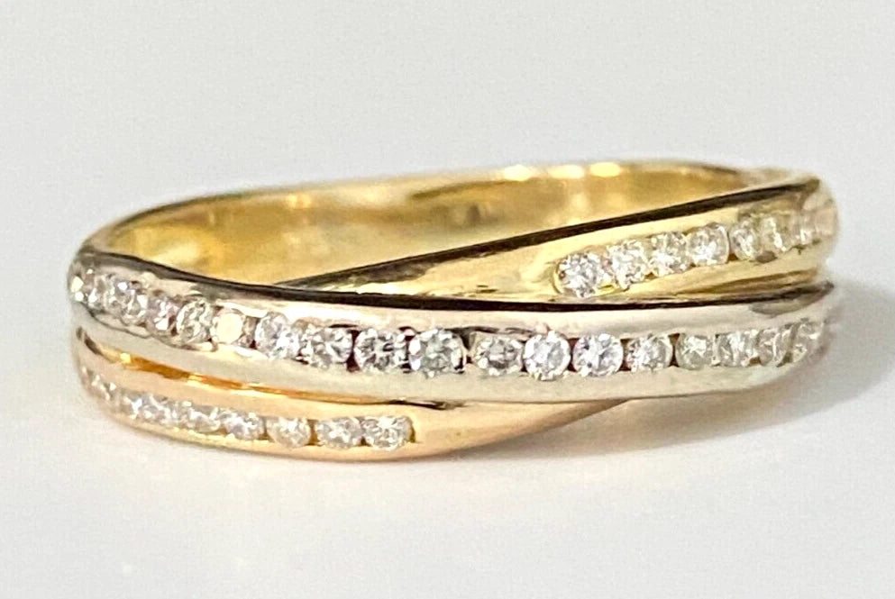18K Yellow Gold & 0.40CT Diamond Crossover Band Ring Size M 1/2 - 6 1/4