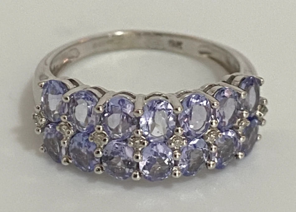 9K White Gold Tanzanite & Diamond Double Row Ring Size O (US 7.25)