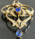 Antique 9ct Yellow Gold Garnet & Seed Pearl Drop Pendant Brooch – 54mm High