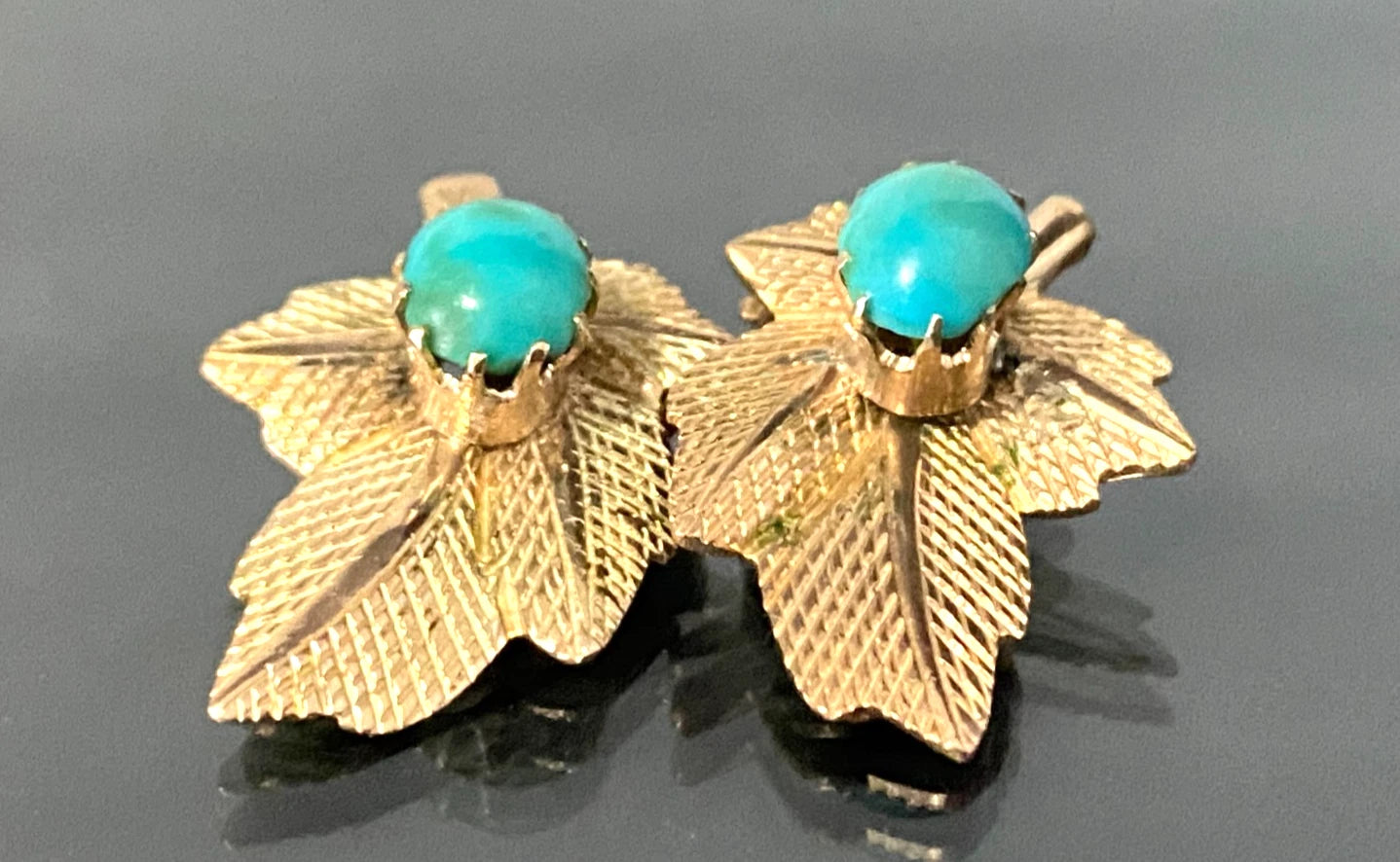 A mid 20th 14K Yellow Gold & Turquoise Clip On Leaf Earrings