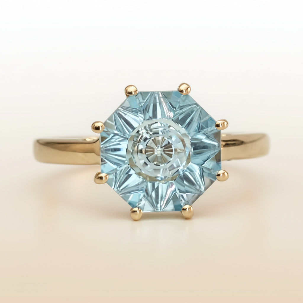 10K Yellow Gold 3.17CT Quasar Cut Sky Blue Topaz Ring Size N (US 6.75)