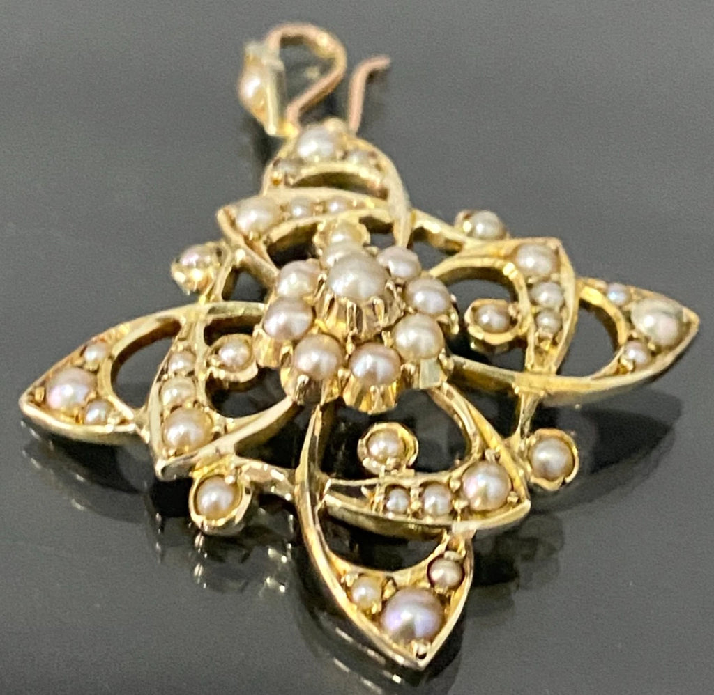 Art Nouveau 9K Yellow Gold & Seed Pearls Pendant 40.80mm High