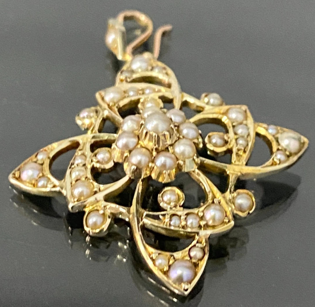 Art Nouveau 9K Yellow Gold & Seed Pearls Pendant 40.80mm High