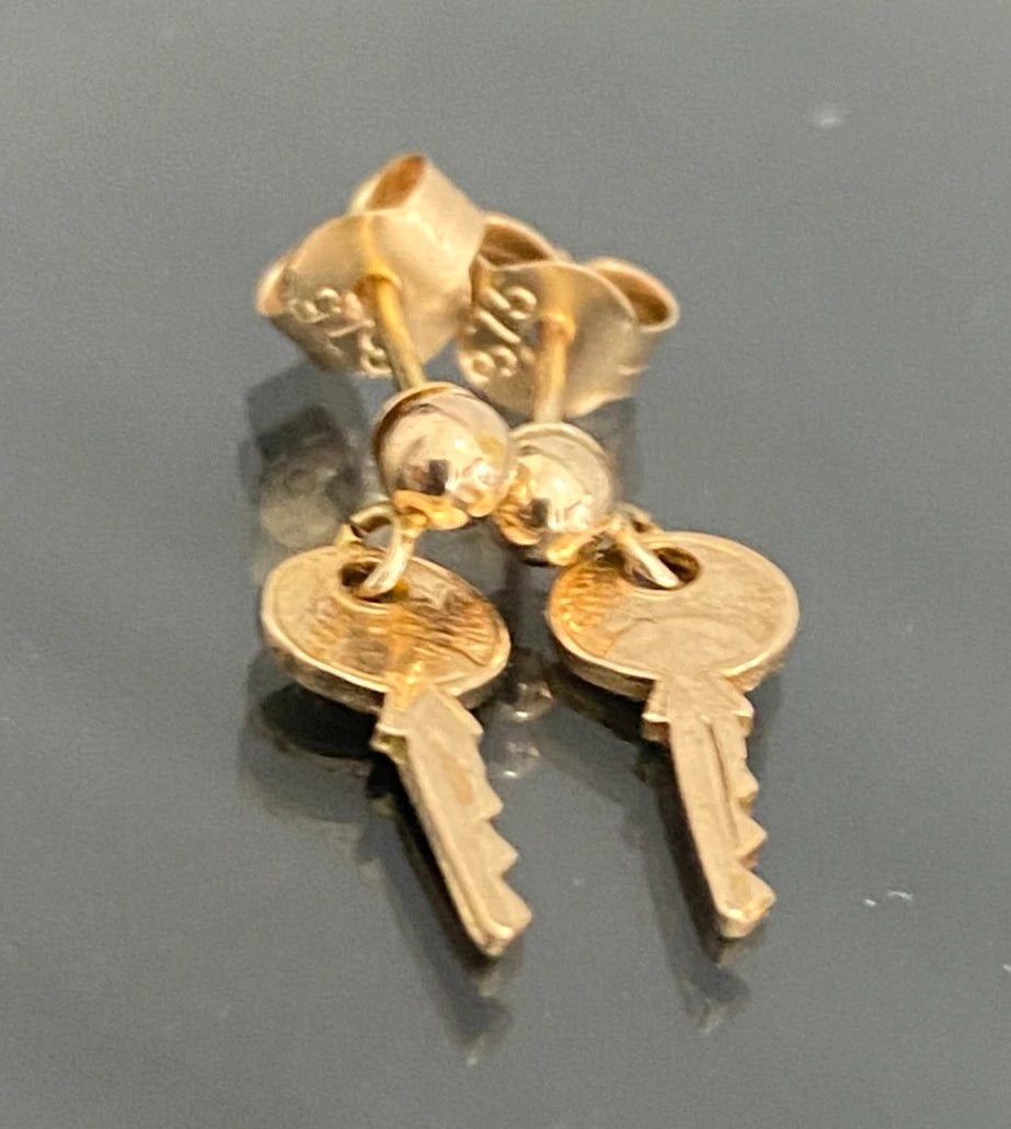 9K Yellow Gold Key Drop Stud Earrings